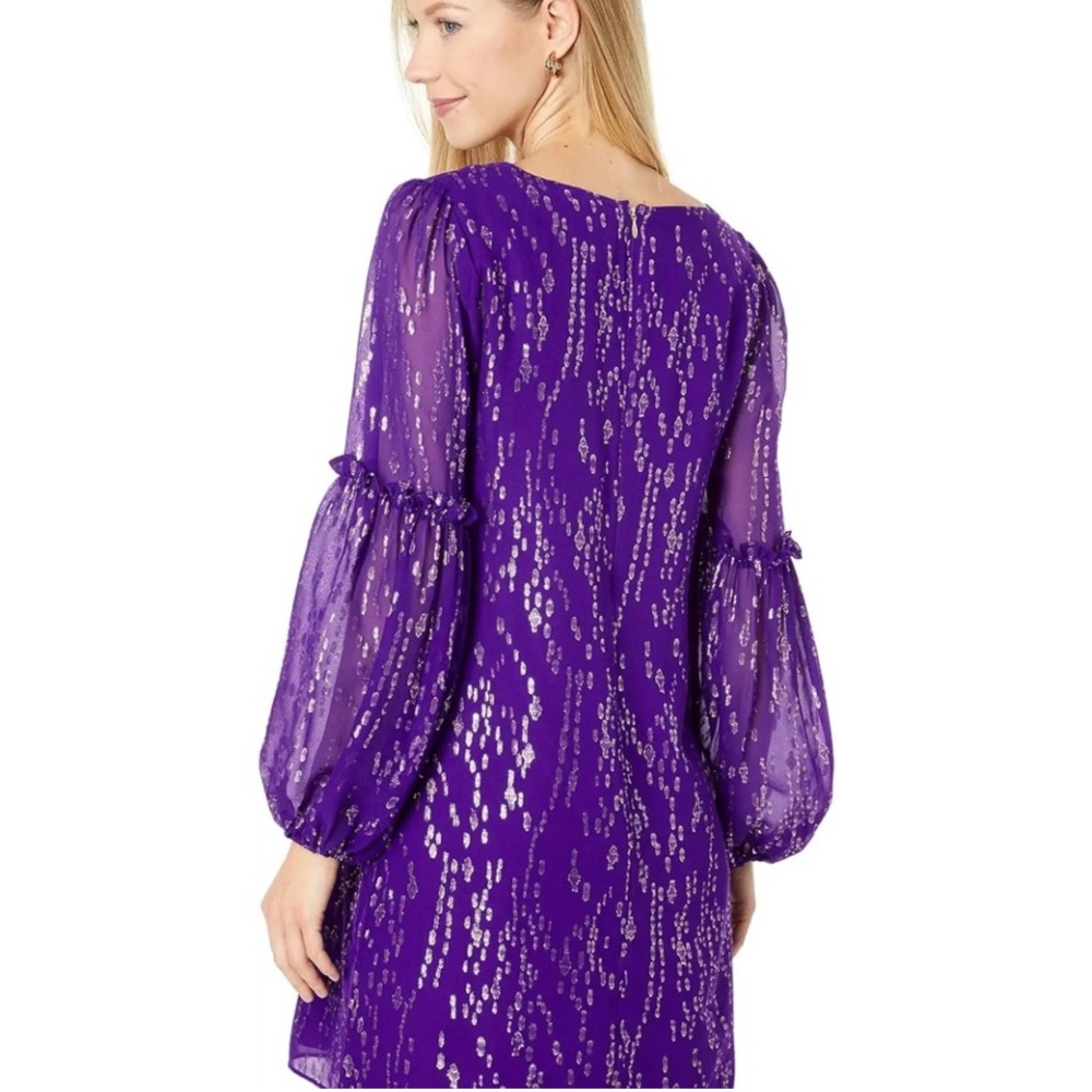 Lilly Pulitzer CLEME SILK DRESS Purple Berry Fish Clip Chiffon Gold‎ SZ 10 - Picture 2 of 4